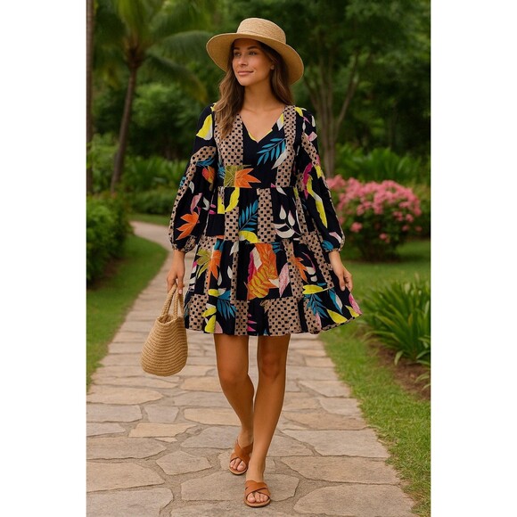 Boho Tropical Floral Geometric Tiered Mini Dress –Long Sleeve Resort Vacation - Picture 1 of 6
